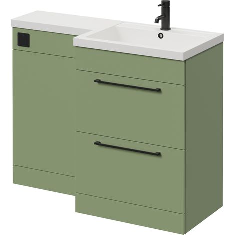 Napoli 460 Olive Green 1100mm 2 Drawer Vanity Unit Toilet Suite with Right Hand Square Lucia Basin - 1100mm - Matt Black 320mm HandleWithout Kingston Toilet Pan