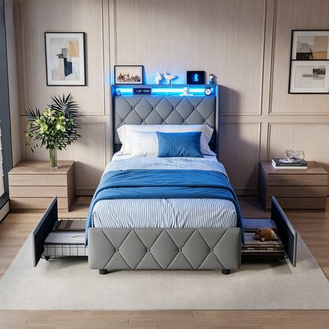 JOOKGBD-Polsterbett 90x200cm mit LED-Beleuchtung und Stauraum,Jugendbett mit USB-Ladefunktion & schubladen,Bett mit Lattenrost und Gepolstertes Kopfteil,Samt,ohne Matratze,Grau