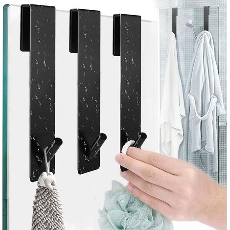 Juego de 3 ganchos de ducha de acero inoxidable, gancho para puerta de cristal con espuma protectora, gancho para ducha sin taladrar, gancho para ducha de baño, gancho para puerta de cristal (negro) (1/5)