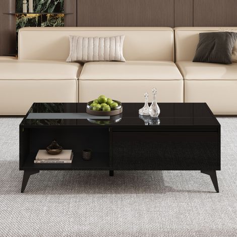 Table basse moderne noire brillante, table d’appoint élégante, table basse multifonction à hauteur réglable, table relevable, table à manger pliante / meuble de salon, 110 x 50 x 48 cm (L x l x H)