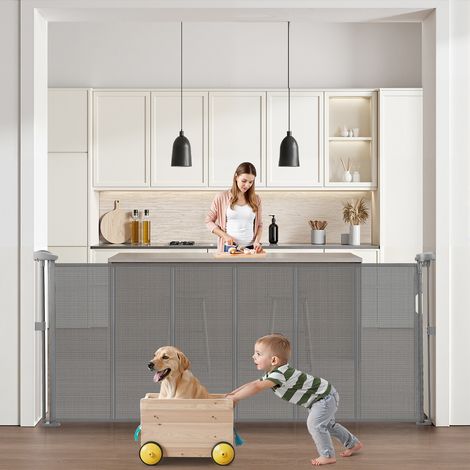 VEVOR Barriere de Securite Extensible Jusqu’a 180 cm Hauteur 87 cm, Barriere Retractable pour Animaux de Compagnie, Clotures en Mailles, Installation Facile, pour Chiens Couloir Escalier Porte, Gris
