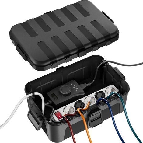 Boîte Protection Étanche IP54 Extra Large (32x22x13cm) Pour Multiprise Extérieure, Org. Câbles (6 Entrées/Sorties), Résistante UV/Pluie/Gel (Couleur:Nior) (1/5)