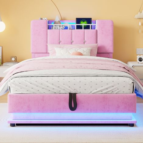 Lit enfant capitonné 90x200 cm avec LED, USB et coffre hydraulique, velours, rose (1/5)