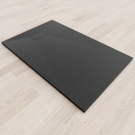 SMC Duschwanne Duschtasse mit Anti-Rutsch Flach mit Steinoptik Schwarz inkl. Ablaufgarnitur 140x90 cm