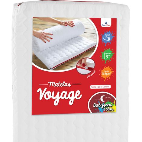 Matelas de voyage pour bébé 60x120cm – Déhoussable – Épaisseur 5cm – Mousse haute densité 18kg/m3 – Fabrication française – Babysom (1/5)