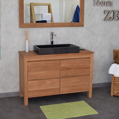 Meuble sous vasque simple en teck massif 141 cm – 4 tiroirs avec fermeture douce – Pour double vasque 120 cm – Assemblé avec tenons et chevilles – Wildwater (1/5)