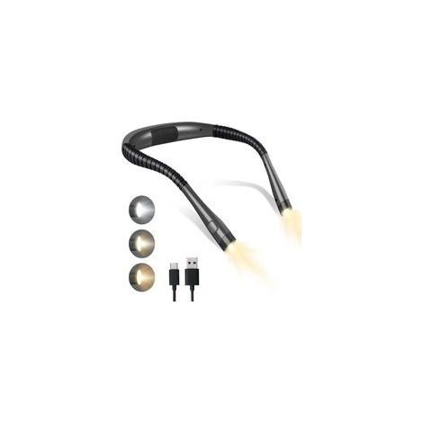 Lámpara de lectura recargable para el cuello, ideal para usar en la cama. 3 colores, 3 niveles de brillo, brazos plegables, batería de larga duración. Perfecta para leer, tejer y reparar.