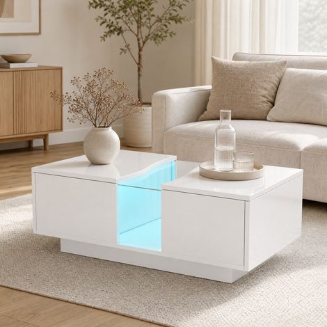 Tavolino da caffè MDF bianco lucido con LED e 2 cassetti, 100 x 50 x 35 cm (1/5)