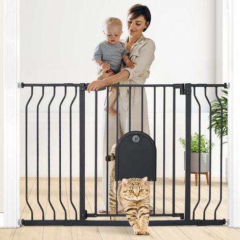 Barriere de Securite Chien avec Porte Ajustable pour Chat, 75-123cm Barriere de Securite Enfant Extra Wide pour Escaliers et Portes, Barrière à Fermeture Automatique, 76cm de Haut (Noir) (1/5)