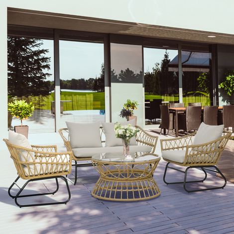 Ensemble de mobilier de jardin 4 pièces en résine : canapé 2 places + 2 fauteuils + 1 table basse, coloris sable et crème (1/5)