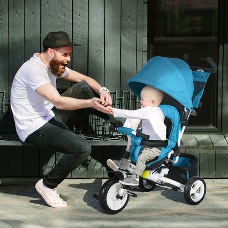 Tricycle enfant vélo panier arrière porte-gobelet auvent solaire métal, bleu