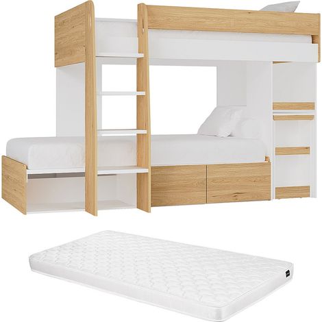Lits superposés 2 x 90 x 190 cm avec bureau et rangements - Coloris : Naturel et blanc + Matelas - LOMIDEN