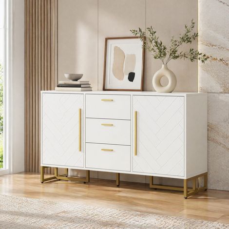 Aparador blanco con 2 puertas y 3 cajones, 145 x 40 x 75 cm, MDF, HAVRYA (1/5)
