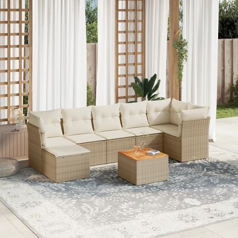 Ensemble Salon Jardin 8 Places Résine Tressée Beige avec Coussins - Canapés d'Angle et Central, Table Acacia, Housses Lavables (1/3)