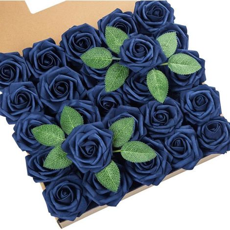 25 roses artificielles avec tiges en mousse au toucher réel pour bouquet de mariage, baby shower, décoration de la maison, bleu (1/5)