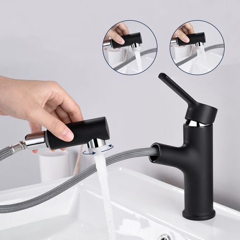 Robinet de salle de bain noir, robinet à double pommeau avec mitigeur de douche extractible, mitigeur de lavabo en laiton à poignée unique. (1/4)