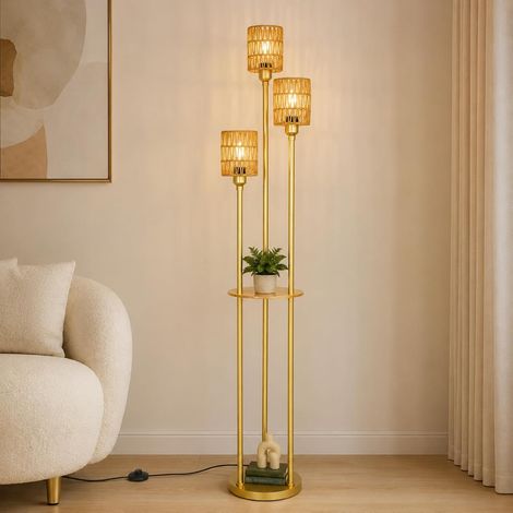 Lampadaire Or Salon à 3 Flammes Avec Étagère, Abat-jour en Rotin & Interrupteur à Pied - Moderne Boho Pour Chambre, Bureau, Salon (1/5)