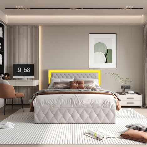 Letto contenitore 140x200 cm - Letto matrimoniale con rete sollevabile e illuminazione LED - Velluto, Beige