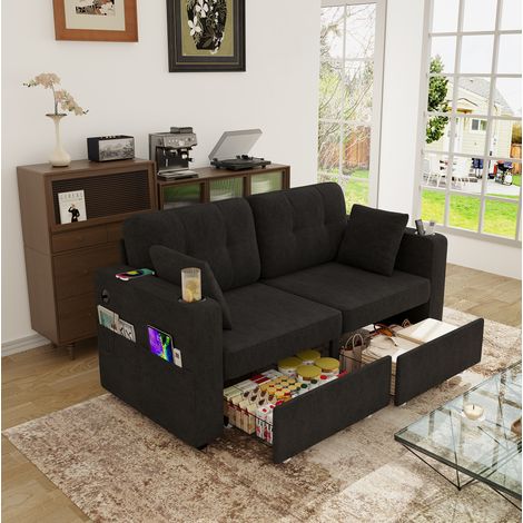 Canapé 2 places 172x75x82 cm noir en chenille avec rangements, ports USB et porte-gobelets (1/5)