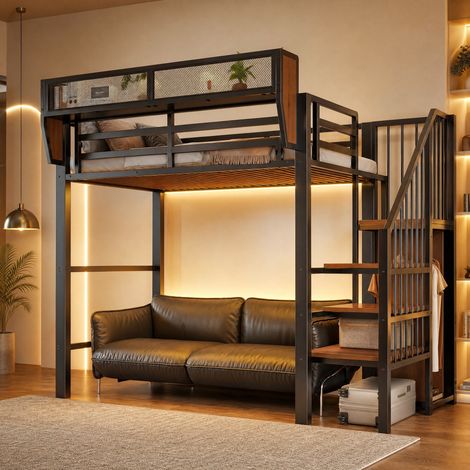 Lit mezzanine 90 x 200 cm avec LED, échelle de sécurité et rangement flexible HAVRYA (1/5)