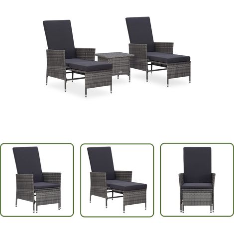 The Living Store Salon de jardin 3 pcs avec coussins Résine tressée Gris - Ensemble Salon De Jardin - Mobilier De Jardin - Salon D'extérieur - Chaise Pliante - Meubles Résistants Aux Intempéries (1/5)