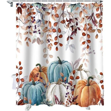 Autumn Shower Curtain, Fall Pumpkins, Eucalyptus Leaves, Waterproof Fabric, 180180cm (1/5)