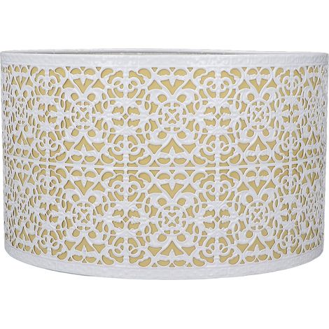 Abat-jour métallique ajouré pour lampe de table, compatible avec douilles E27 et E14, motif fleur en cuivre, doublure blanche et jaune. (1/5)