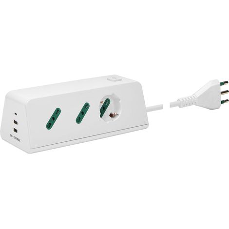 VIMAR 00604.CC.B Presa multipla da scrivania con interruttore e cavo 2m, 1 uscita SICURY universale, 2 uscite SICURY standard italiano, 2 USB A e 1 USB C, spina 16A, bianco (1/4)