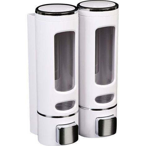 Dispensador de jabón manual de pared, 2 x 400 ml, fabricado en plástico ABS, práctico para champú y gel desinfectante de manos, ideal para baño y cocina (blanco) - Crezuo (1/4)