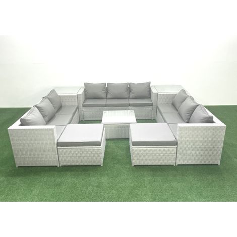 Fimous Rattan Garden Outdoor Furniture Set 11 Seater Rattan Garden Sofa Set with 2 Big Footstools 2 Side Tables Light Grey Mixed