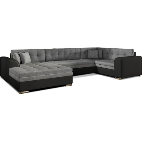 Canapé panoramique convertible CALDERO 5 places gris et noir – angle gauche – 4 coussins (1/5)
