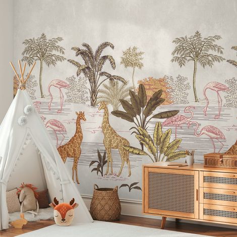 Papier peint photo Profhome 398751 papier peint intissé gaufré à chaud lisse avec un dessin infantile mat crème beige brun rose 1,59 m x 2,8 m