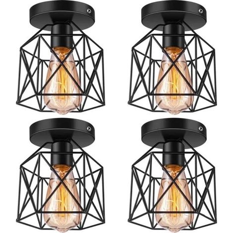 U-Do 4Pcs Plafonnier Carré Noir Lampe de Plafonde Cage en Fer design Vintage décoration pour Salon Couloir (1/4)