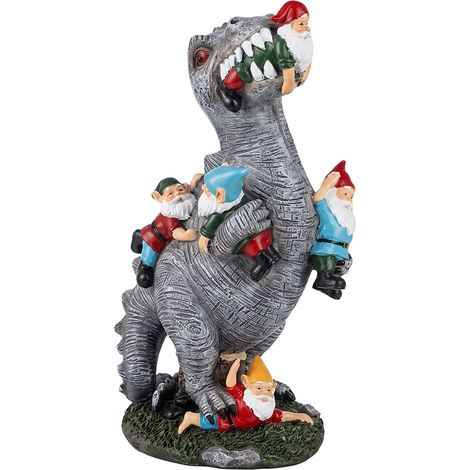 Relaxdays Gnomo dinosauro in resina, resistente alle intemperie, statua decorativa, 28,5x15,5x9 cm