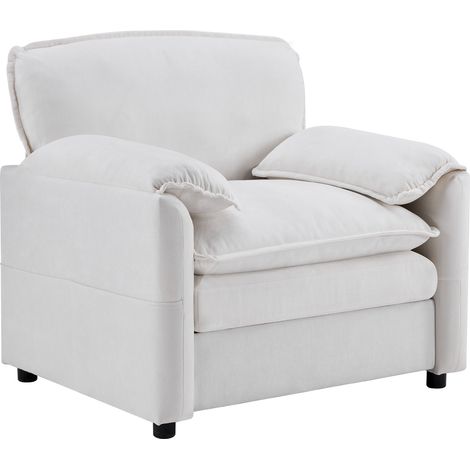 Sillón en Chenilla con Bolsillos Laterales, Cojín de Respaldo y Asiento Acolchado, Blanco (1/5)