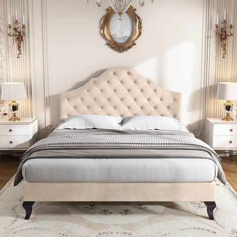 Lit double 140x190 cm en velours beige avec tête de lit réglable et sommier à lattes, facile à monter, sans matelas (1/5)