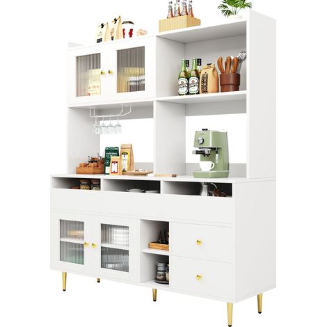 Aparador Alto de Cocina con Puertas de Vidrio Acanalado, Cajones y Botellero, en MDF, 145x39x171 cm, Blanco (1/5)
