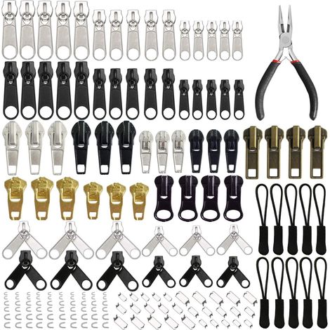 Kit de reparación de cremalleras de repuesto para cremalleras con tiradores y tiradores de extensión para ropa, chaquetas, mochilas (plateado y negro)