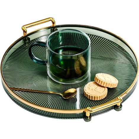 Plateau de service rond en rotin tressé avec poignée, idéal pour le petit-déjeuner, les boissons et les en-cas. (1/5)
