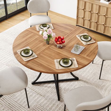 Table de salle à manger ronde de 100 cm pour 4 à 6 personnes, plateau en MDF aspect noyer, structure stable en métal noir avec design en X, espace de rangement intégré, table de cuisine pour salle à m (1/5)