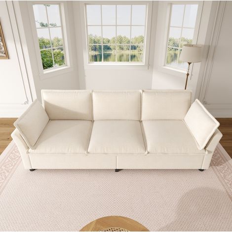 Sofá de 3 plazas (220x81x87 cm), asiento amplio, con 2 cojines de reposabrazos, chenilla beige (1/5)