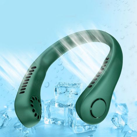 Ventilateur de cou USB à 3 vitesses, silencieux, rechargeable, sans pales, longue autonomie, portable, idéal pour le shopping, les voyages et les activités de plein air. Vert foncé. (1/5)