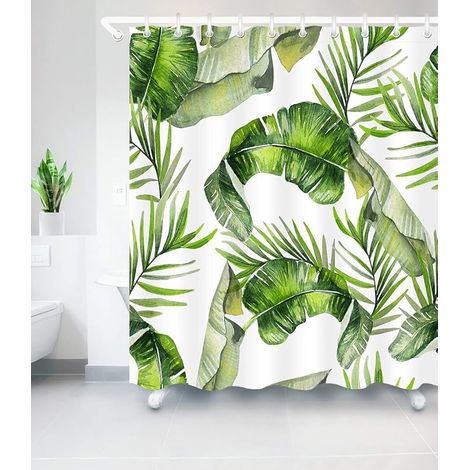 Rideau de douche imperméable en tissu anti-moisissure avec 12 crochets de salle de bain 180x180cm feuille verte (1/2)