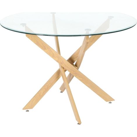 Home Heavenly® - Mesa de comedor redonda de cristal DAN, de 110 cm diámetro x 73 cm altura. 4 Patas entrecruzadas.  Color: Pata Roble (1/5)