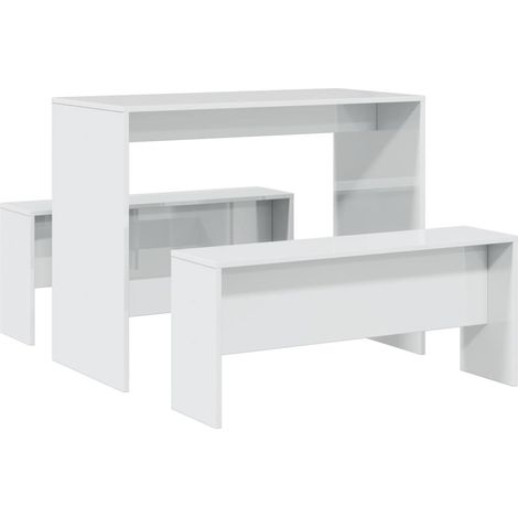 Mesa y bancos de comedor 3 pzas madera ingeniería blanco brillo vidaXL (1/6)