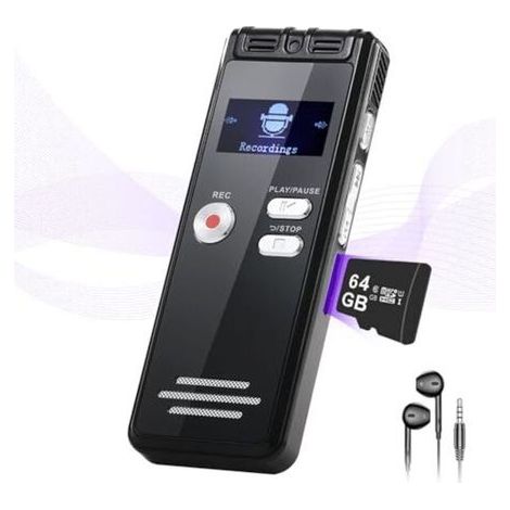 Enregistreur vocal 64 Go avec lecture – Enregistreur vocal numérique portable, 3072 kbps, plusieurs heures d'enregistrement audio avec réduction du bruit pour les interviews, les conf
