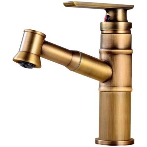 Robinet de salle de bain vintage, mitigeur monocommande avec douchette extractible, robinet de lavabo, robinet d'évier de cuisine, bec haut, laiton MUMU (1/4)