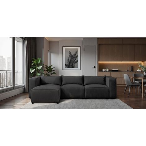 Ecksofa Designersofa NEVIO in Stoff Lincoln Schwarz Ottomane Links