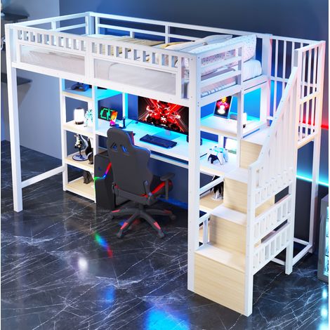 Letto a soppalco moderno in metallo bianco 90x200 cm con scrivania, scaffali, scala contenitore, LED e USB (1/5)