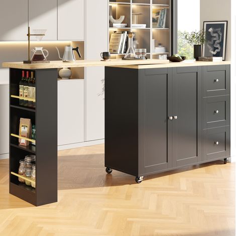Bartischschrank 135x39x106/203x39x106 cm schwarz MDF drehbar auf Rollen mit Stauraum (1/5)